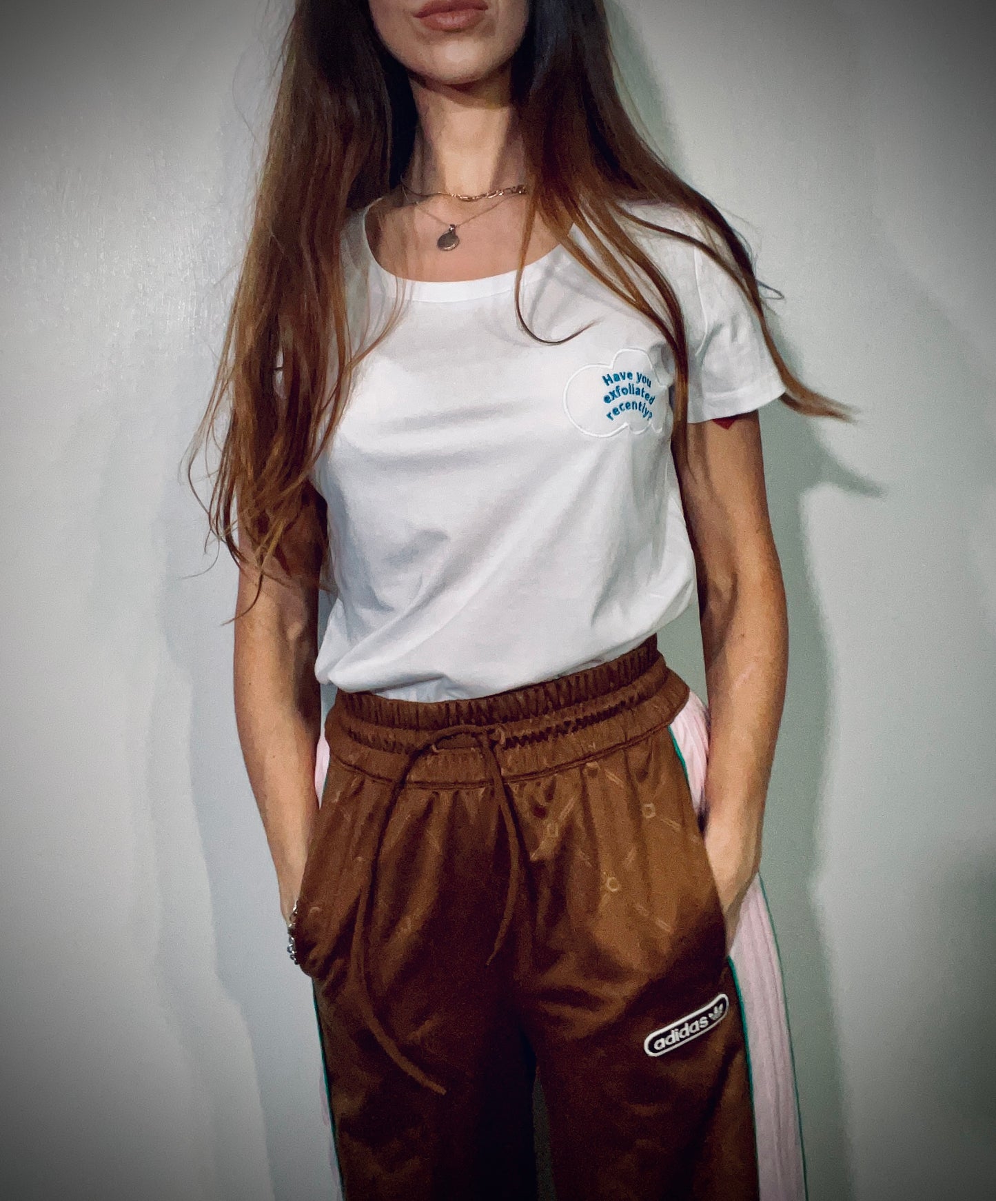 Have You Exfoliated Recently? ~ 100% organic cotton white t-shirt ~ slightly fitted ~ embroided blue text with white cloud design