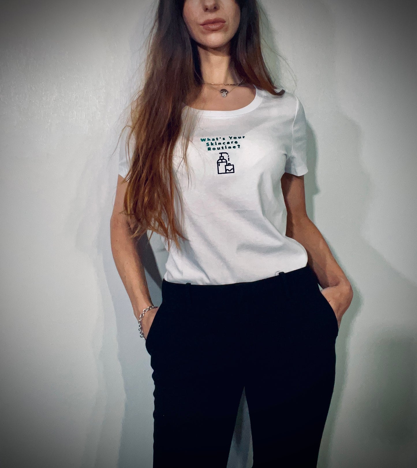 What's Your Skincare Routine? ~ 100% organic cotton white t-shirt ~ slightly fitted ~ dark green text with black soap bottles embroidered design