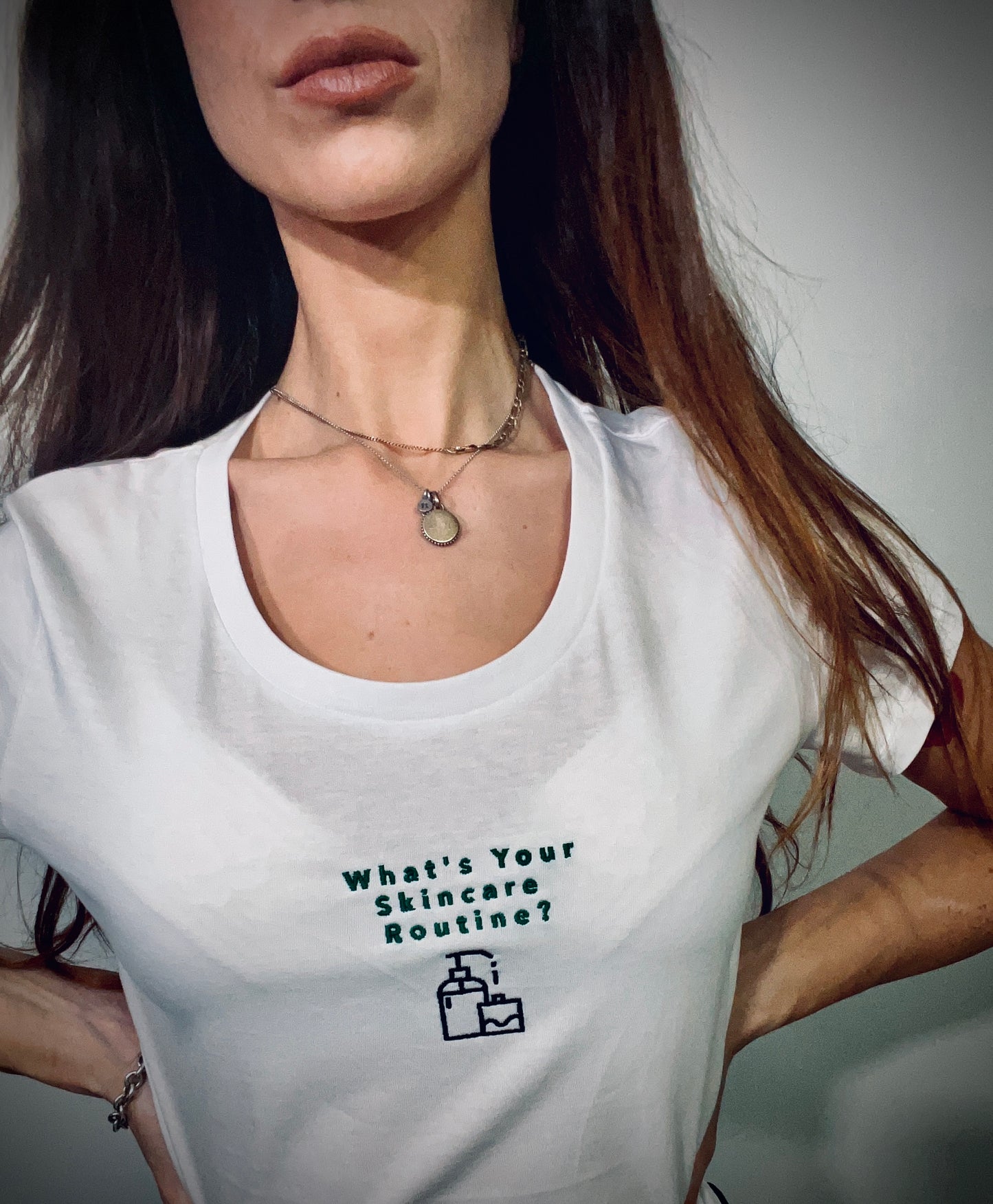 What's Your Skincare Routine? ~ 100% organic cotton white t-shirt ~ slightly fitted ~ dark green text with black soap bottles embroidered design