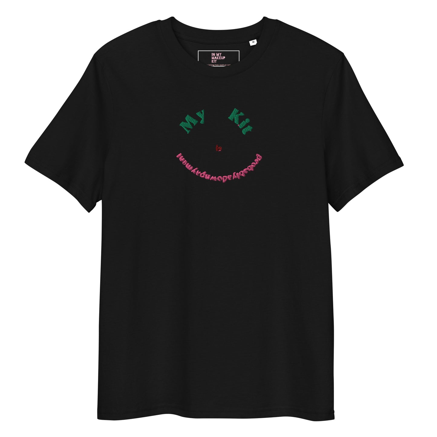 My Kit Is Probably A Downpayment ~ 100% organic cotton Tee ~ black ~ relaxed fit ~ gender neutral ~ embroided green, red & pink smile design
