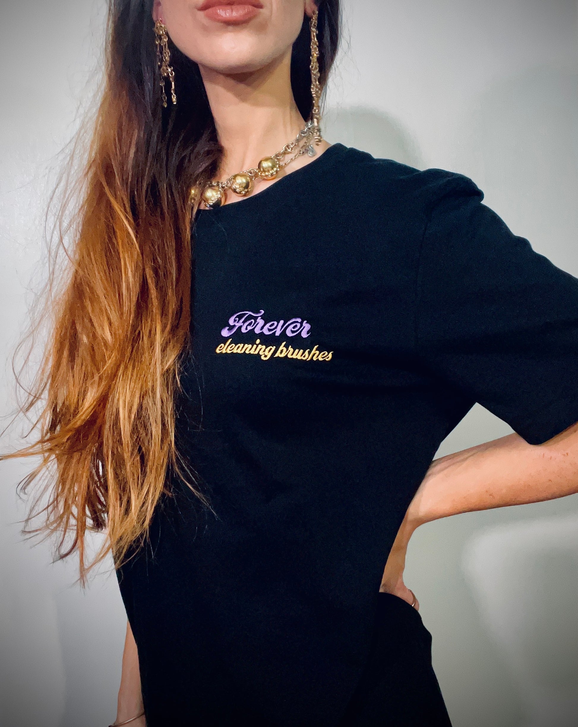Forever cleaning brushes ~ 100% organic cotton black t-shirt ~ gender neutral ~ relaxed fit ~ embroided purple & gold text design