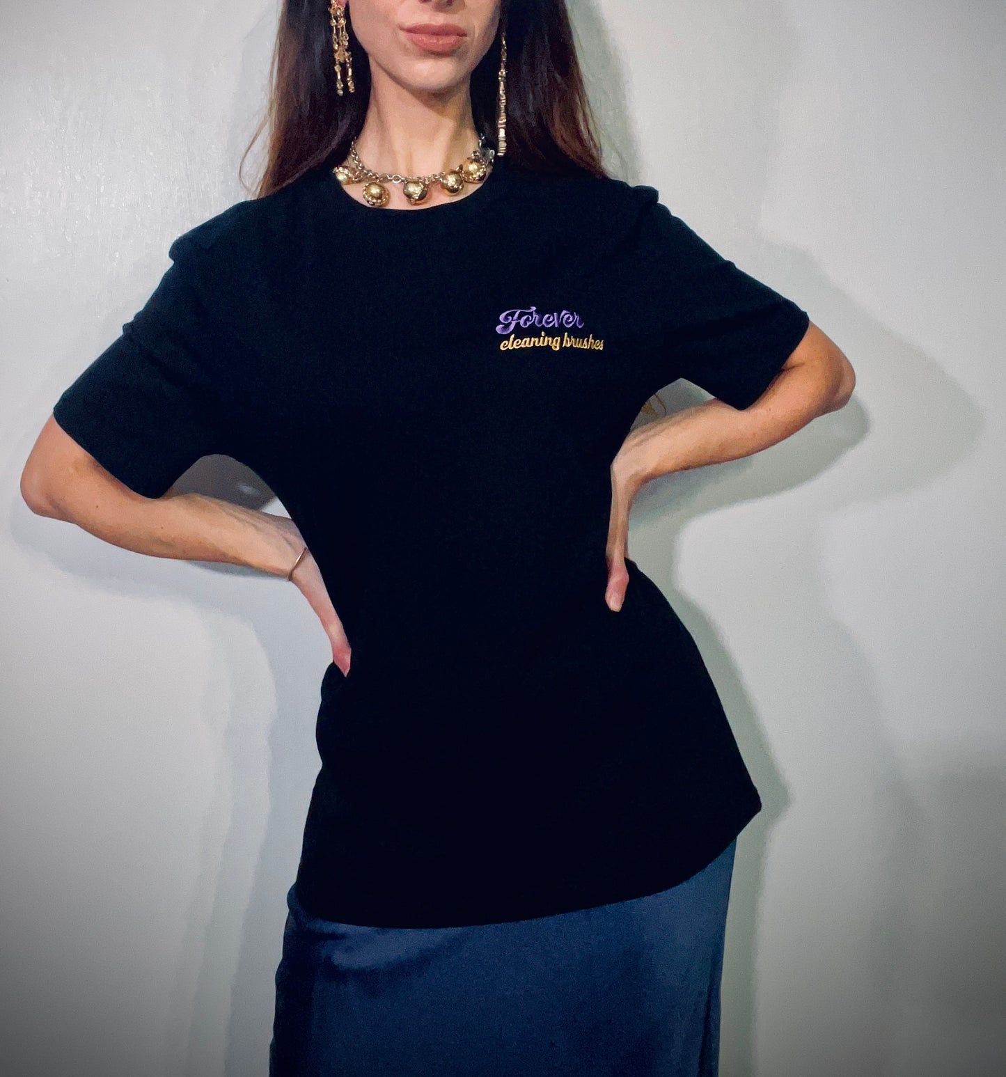 Forever cleaning brushes ~ 100% organic cotton black t-shirt ~ gender neutral ~ relaxed fit ~ embroided purple & gold text design