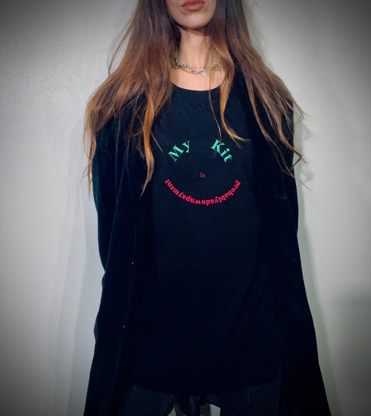 My Kit Is Probably A Downpayment ~ 100% organic cotton Tee ~ black ~ relaxed fit ~ gender neutral ~ embroided green, red & pink smile design