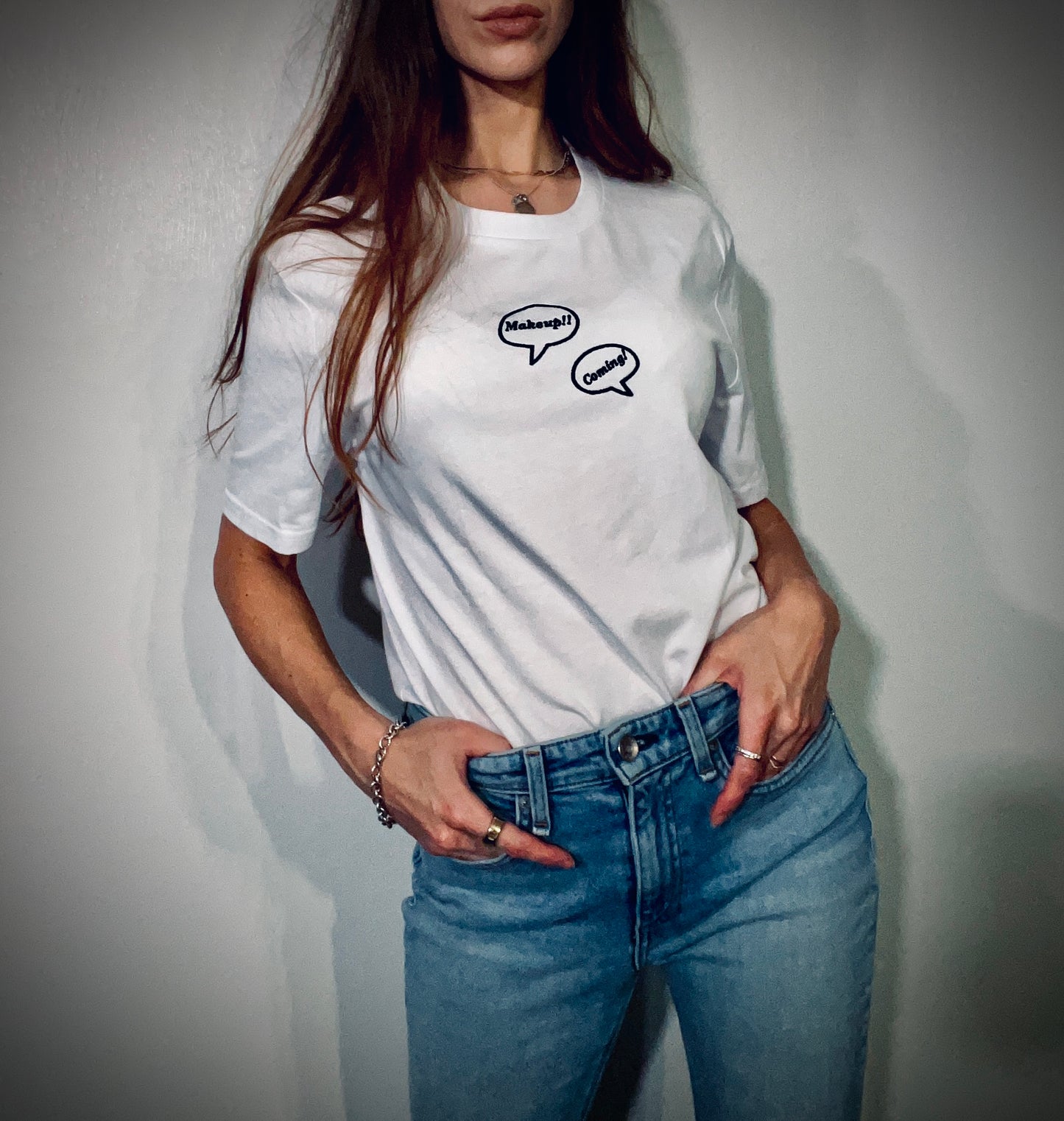 Makeup!! Coming!! ~ 100% organic cotton Tee ~ relaxed fit ~ gender neutral ~ white ~ embroided black text in speech bubbles design