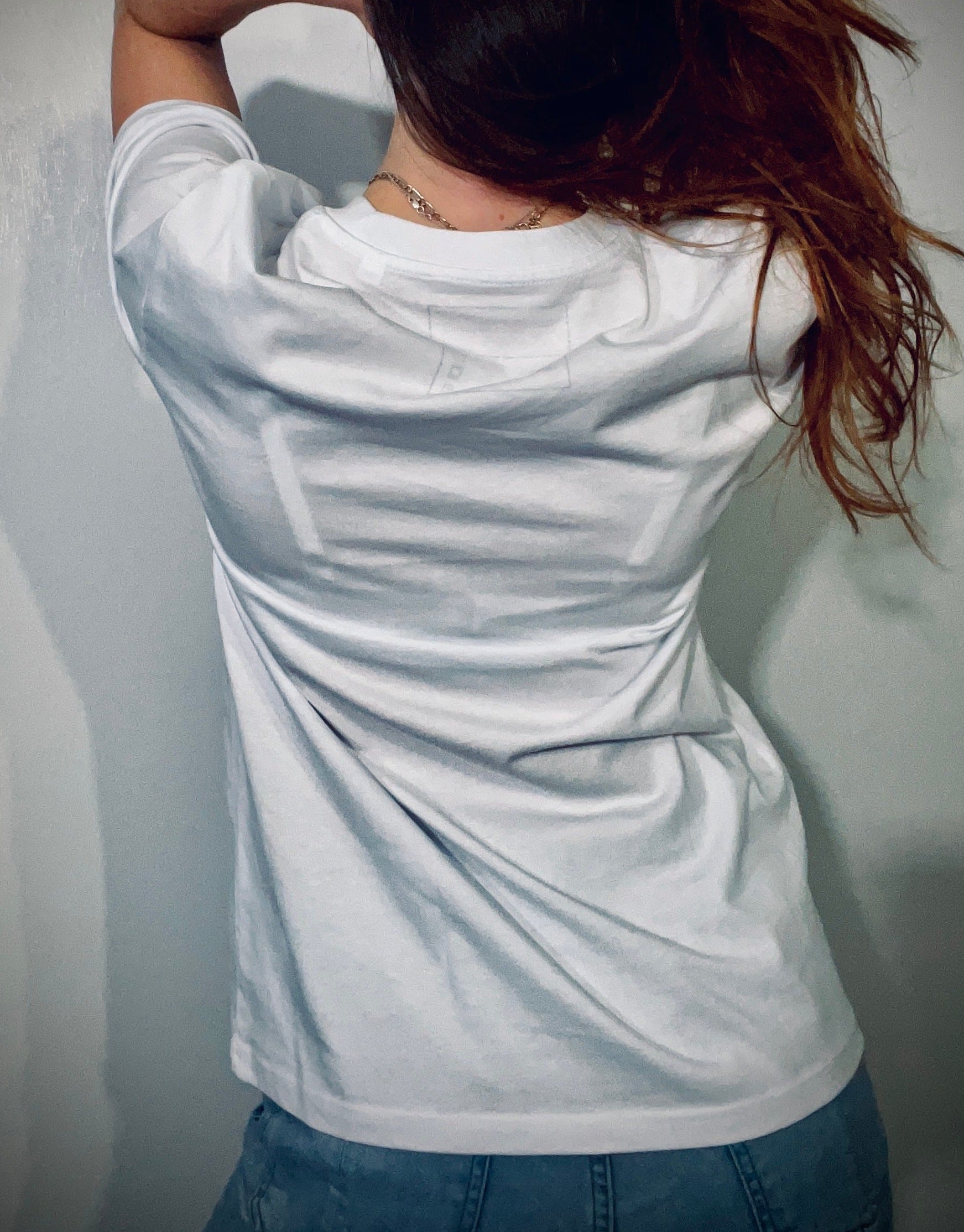 Makeup!! Coming!! ~ 100% organic cotton Tee ~ relaxed fit ~ gender neutral ~ white ~ back view