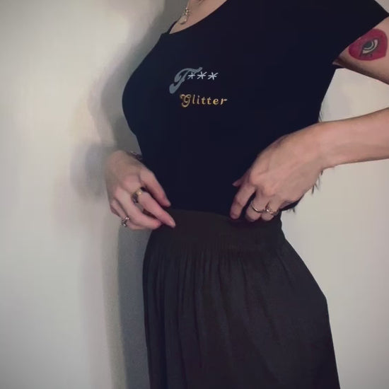 Style it! video : F*** Glitter ~ 100% organic cotton black t-shirt ~ slightly fitted ~ embroided silver & gold text design