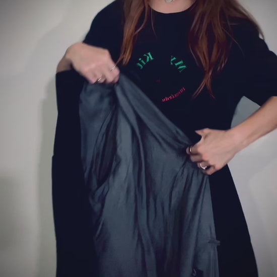 Style it! video: My Kit Is Probably A Downpayment ~ 100% organic cotton Tee ~ black ~ relaxed fit ~ gender neutral ~ embroided green, red & pink smile design