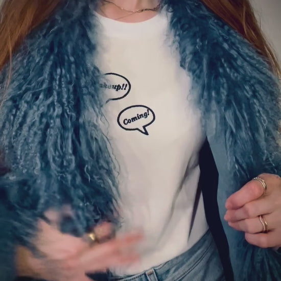 Style it! video: Makeup!! Coming!! ~ 100% organic cotton Tee ~ relaxed fit ~ gender neutral ~ white ~ embroided black text in speech bubbles design