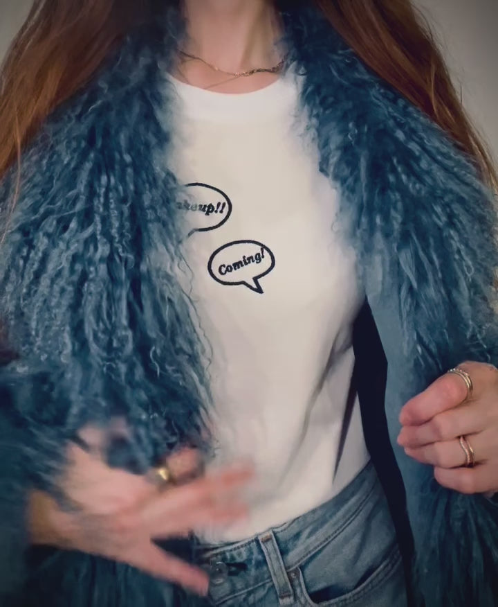 Style it! video: Makeup!! Coming!! ~ 100% organic cotton Tee ~ relaxed fit ~ gender neutral ~ white ~ embroided black text in speech bubbles design