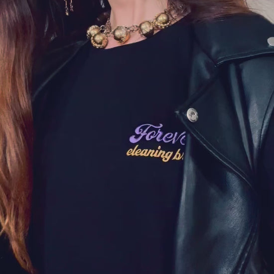 Style it! video: Forever cleaning brushes ~ 100% organic cotton black t-shirt ~ gender neutral ~ relaxed fit ~ embroided purple & gold text design