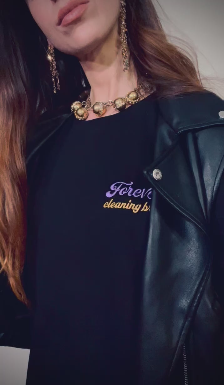 Style it! video: Forever cleaning brushes ~ 100% organic cotton black t-shirt ~ gender neutral ~ relaxed fit ~ embroided purple & gold text design