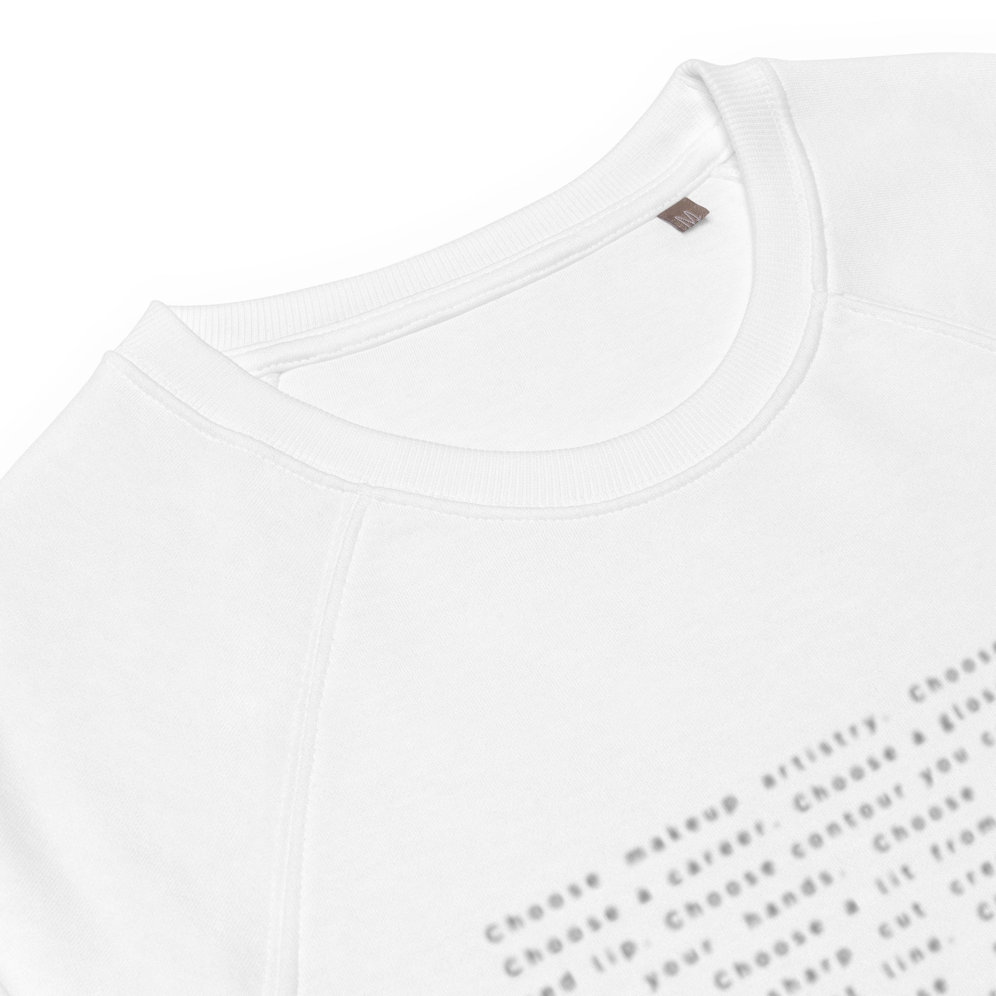 choose makeup artistry white sweater ~ 100% organic cotton outer ~ 80% oganic cotton inner ~ gender neutral ~ slightly oversized fit ~ black & orange text